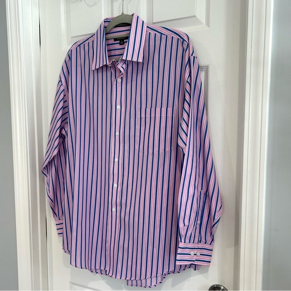Croft & Barrow Mens Pink Blue Striped Button Up Dress Shirt Sz L 16.5/17 Classic - Picture 3 of 13